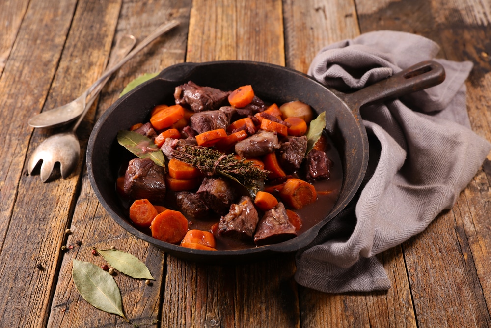 A view of beef stew with veggies