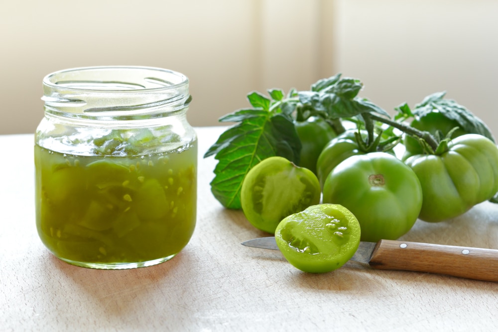 A view of green tomato relish inside a can