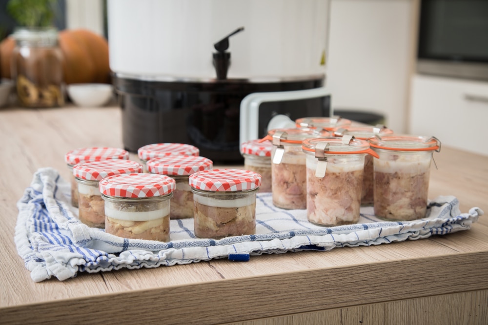 A view of pressure canned meat inside jars