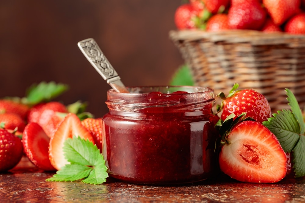 A view of strawberry jam canned