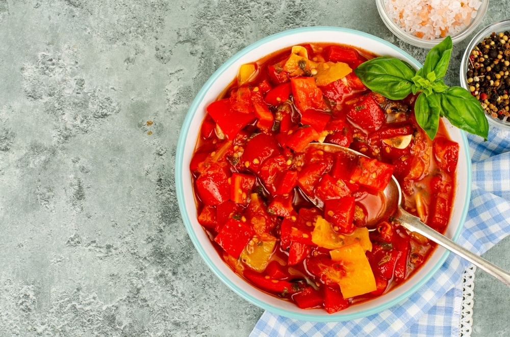 An overhead view of stewed tomatoes dish