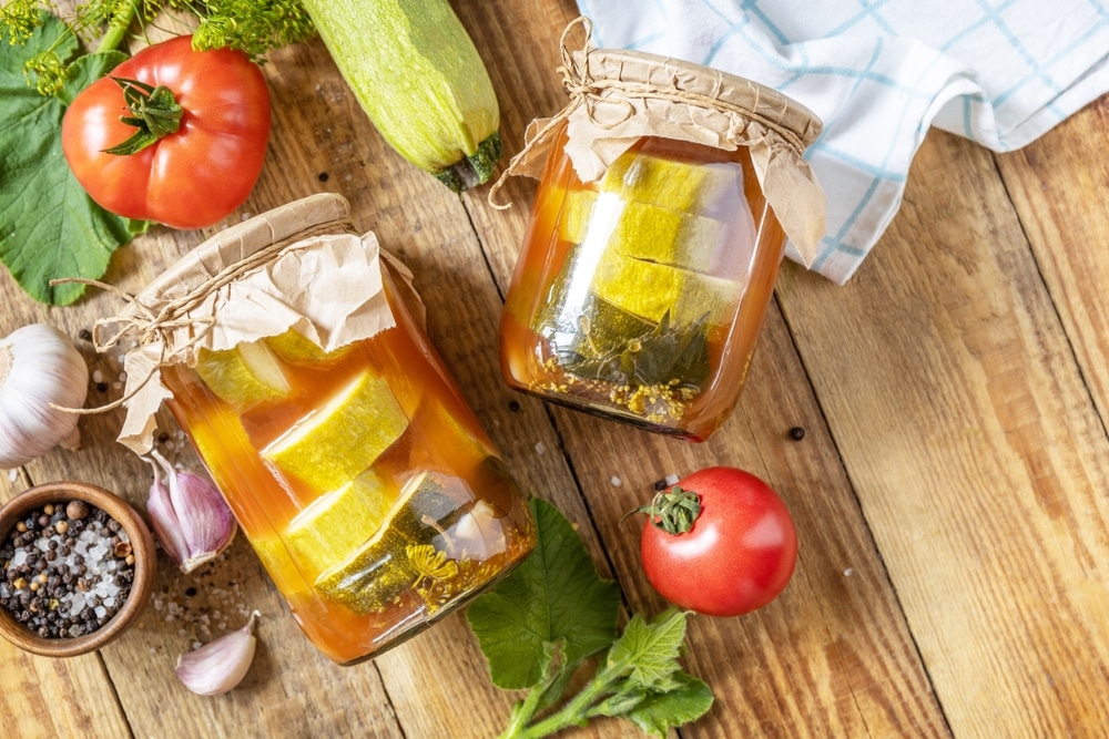 Healthy Homemade Fermented Food Marinated Zucchini (courgette) In Tomato Sauce