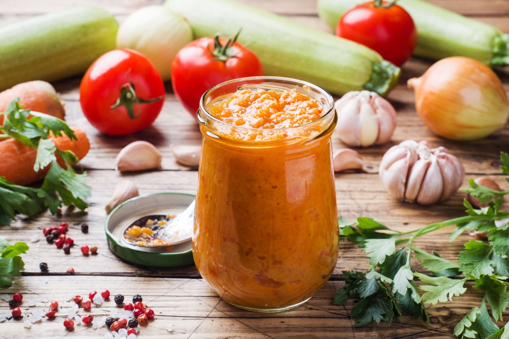 Homemade Caviar From Zucchini Tomatoes And Onions In A Glass