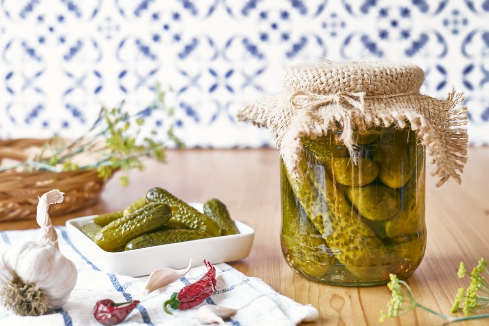 A view of canned pickled cucumbers