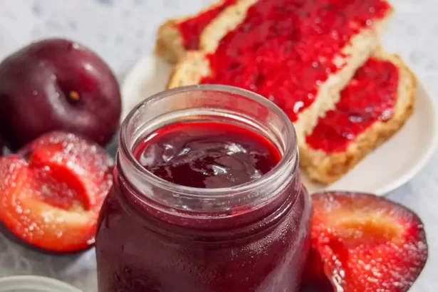 A view of plum jam inside a glass jar with plum cut on the side and jam on toast