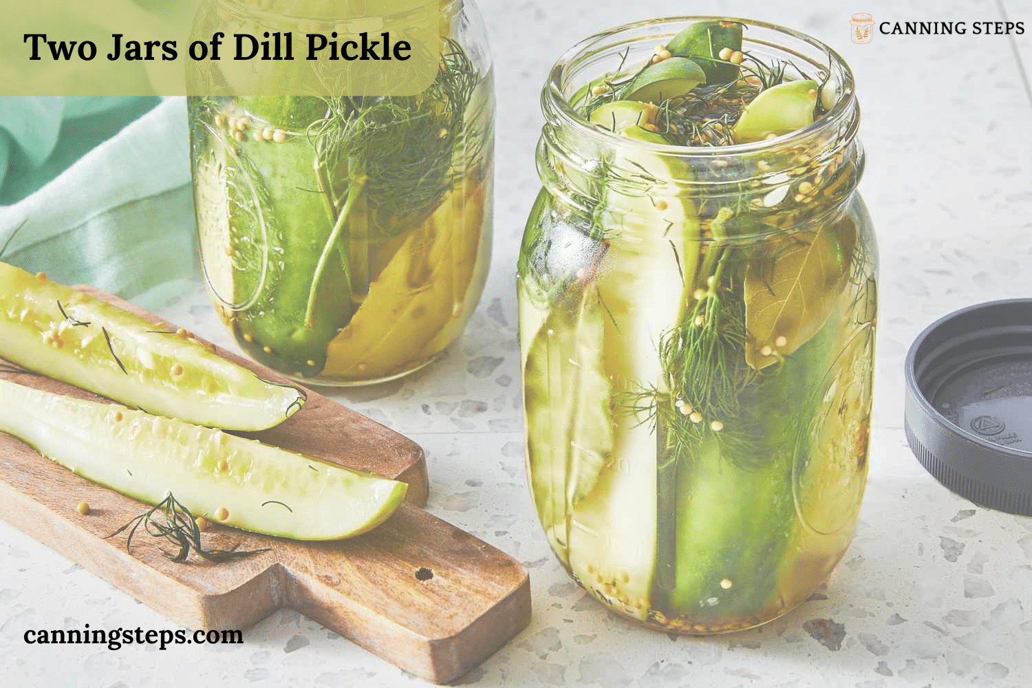 Two Jars of Dill Pickle Placed on a Marble Countertop