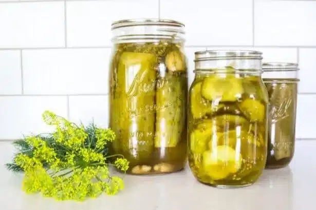 jars of dill pickle placed on a marble countertop along side dill seeds