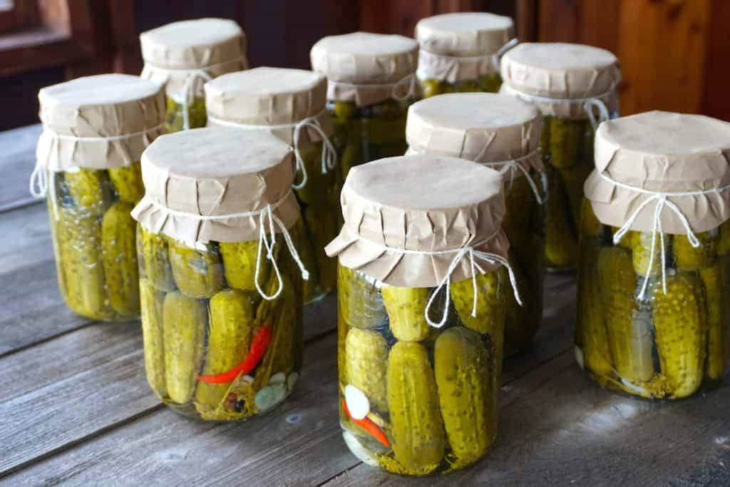 ingredients for dill pickle half cut cucumbers garlic dill spices and salt placed on wooden surface