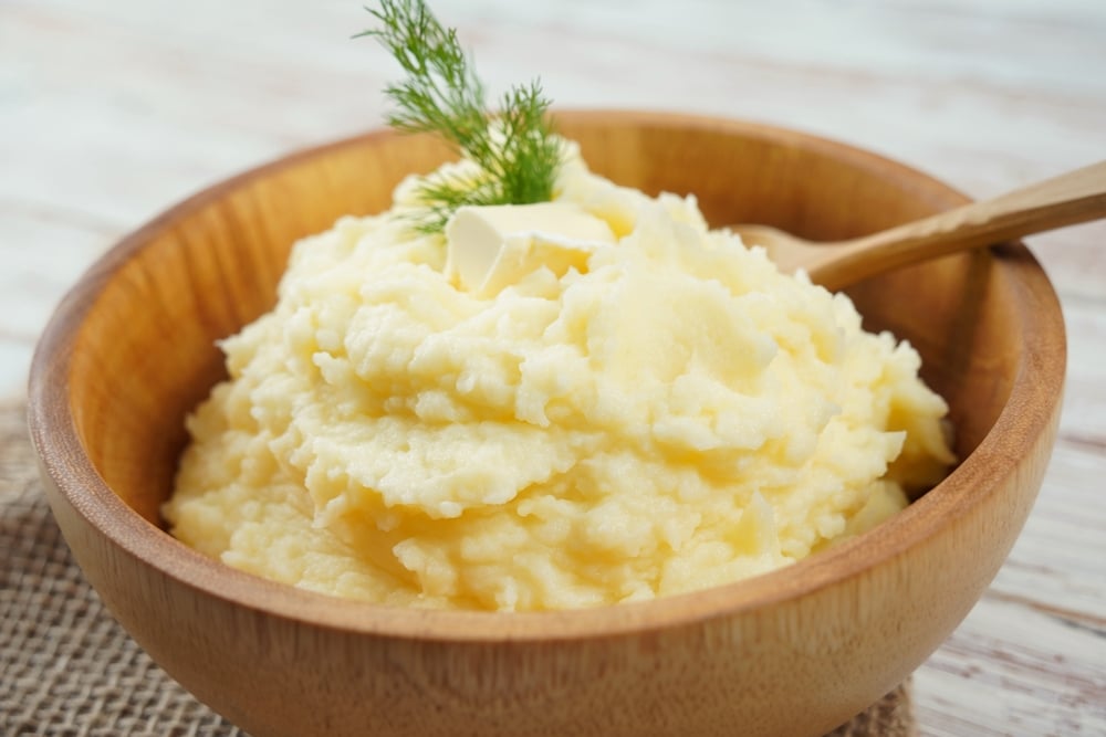 Bowl Of Tasty Mashed Potatoes With Fresh Dill Served On