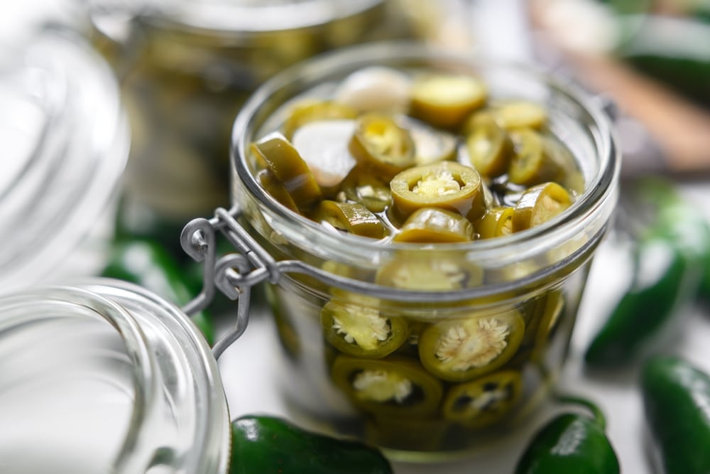 Pickled Green Mexican Jalapeno Hot Peppers In A Mason Jar