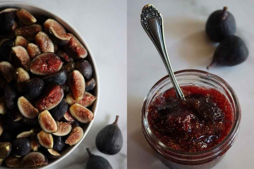 a bowl fill with figs along with the jar full of fig preserve