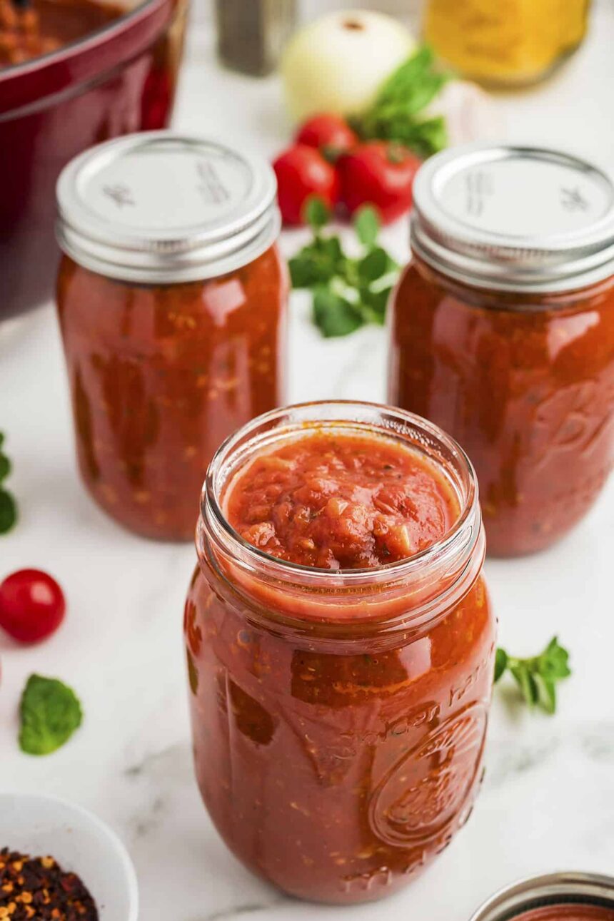 homemade spaghetti sauce filled in jars