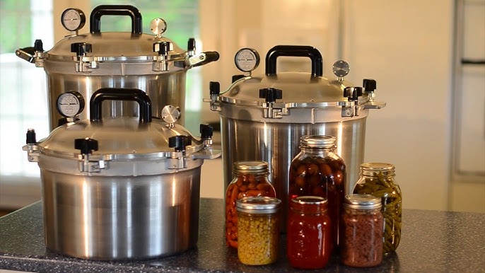 All American canner pressure cookers with jars of canned foods