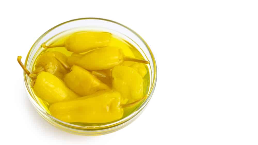 Pickled Yellow Pepper Pepperoncini Or Friggitelli In Bowl Isolated On