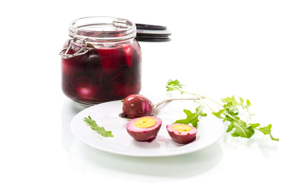 Marinated Chicken Eggs In Beetroot Marinade In A Plate