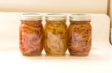 three jars of canned banana peppers