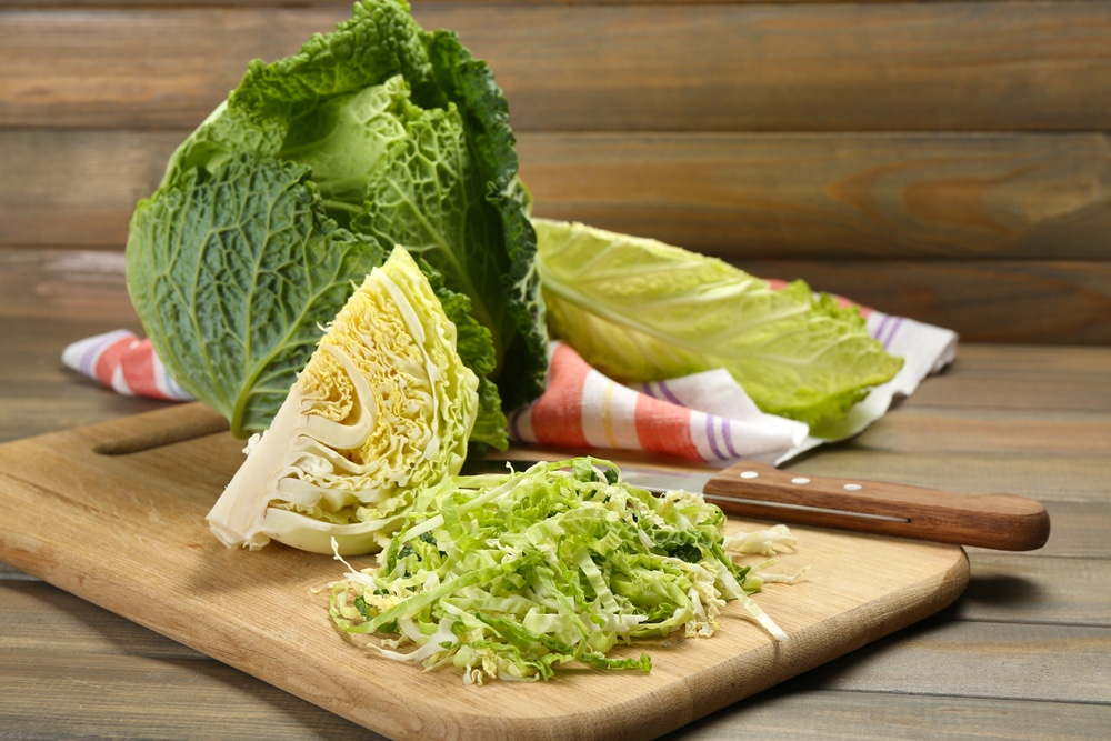 Cut Cabbage On Wooden Cutting Board