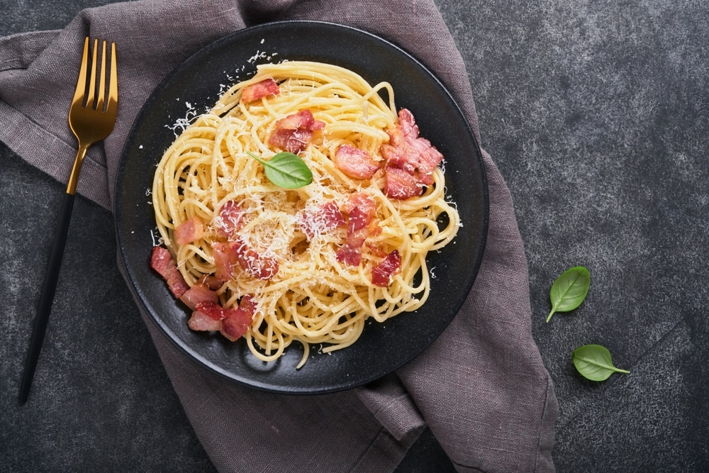 Carbonara Pasta Spaghetti With Pancetta Egg Parmesan Cheese And Cream