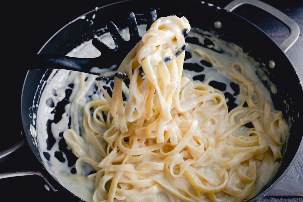 Fettuccine Alfredo In A Saute Pan: Freshly Made Noodles In