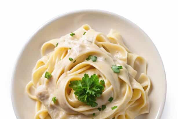 Top View Of A Plate Of Fettuccine Alfredo With Creamy