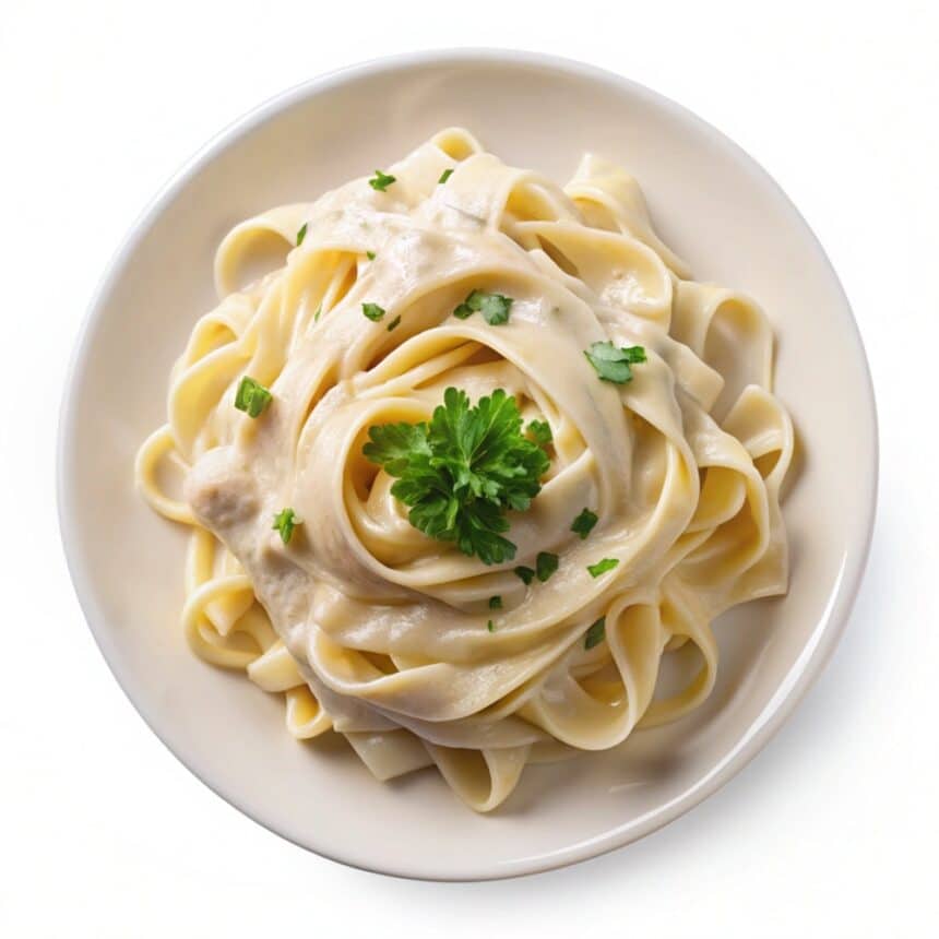 Top View Of A Plate Of Fettuccine Alfredo With Creamy