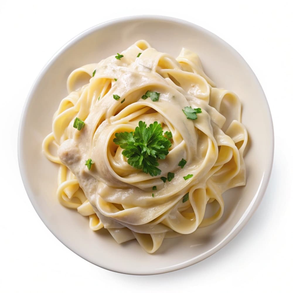 Top View Of A Plate Of Fettuccine Alfredo With Creamy