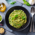 Pasta spaghetti with pesto sauce and fresh basil leaves in black bowl