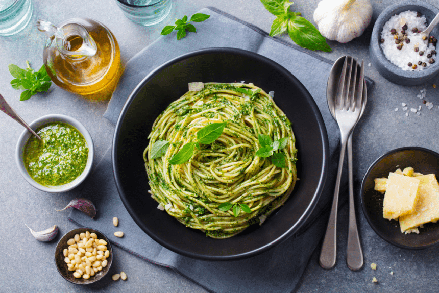 Pasta spaghetti with pesto sauce and fresh basil leaves in black bowl