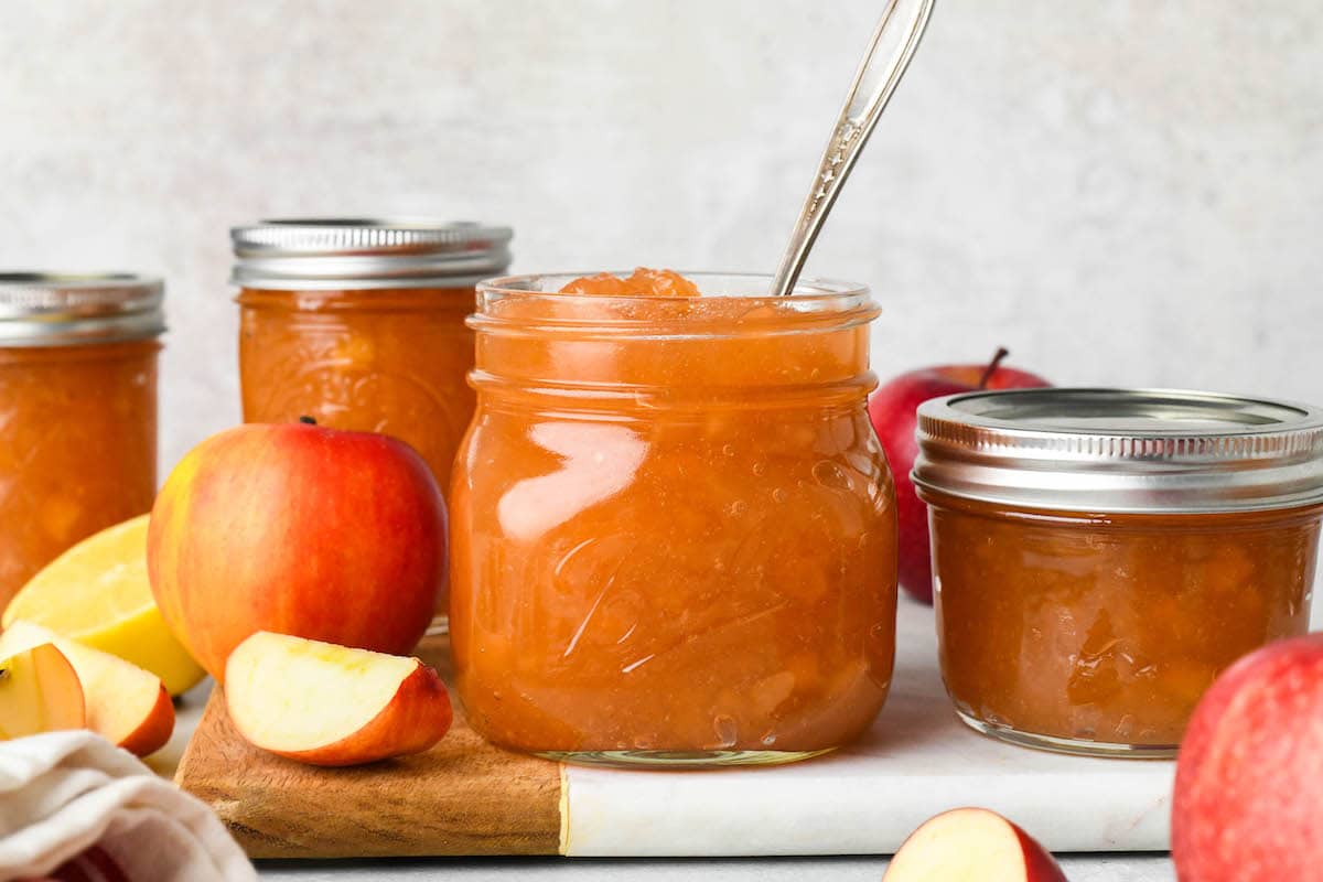 A view of fruit jams inside jars