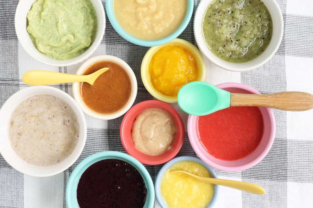 A overhead view of the ingredients for baby food purees A overhead view of the ingredients for baby food purees
