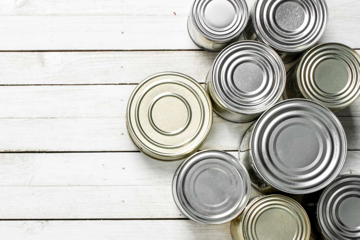 An overhead view of steel cans