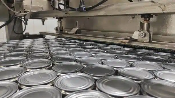 A close up view of aluminum cans being processed on a production line