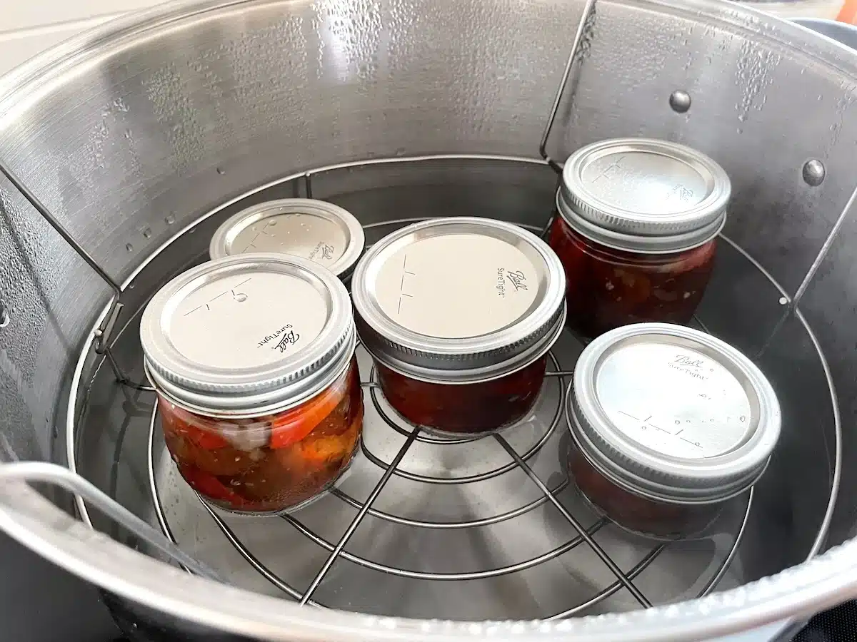 Jars being processed in a water bath canner