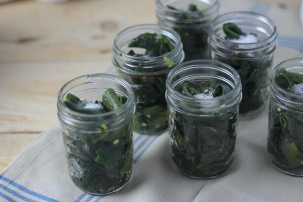 The image shows several jars filled with green peppers topped with salt ready for canning